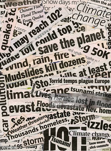 global warming related collage of newspaper headlines - headlines stock pictures, royalty-free photos & images