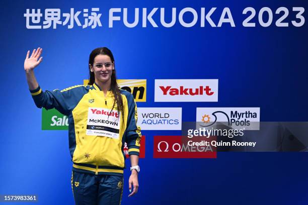 Gold medallist Kaylee McKeown of Team Australia reacts during the medal ceremony for the Women's 50m Backstroke Final on day five of the Fukuoka 2023...