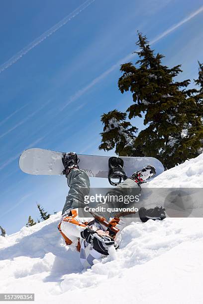 beautiful day on snowy mountain when snowboarder wipes out, copyspace - wipeout stock pictures, royalty-free photos & images