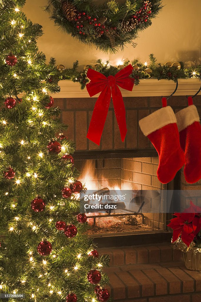 Christmas tree and decor around the fireplace with blazing fire