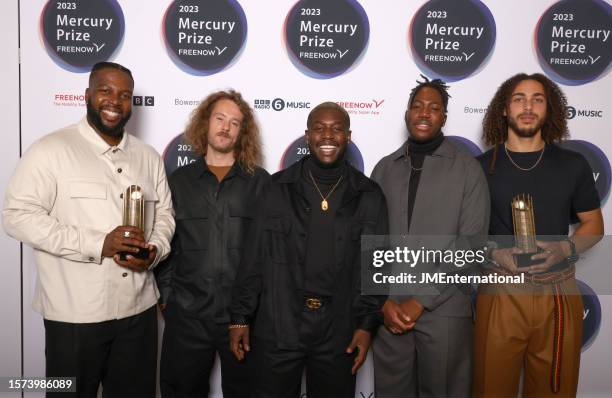 James Mollison, TJ Koleoso, Joe Armon-Jones, Femi Koleoso and Ife Ogunjobi from Ezra Collective attend the 2023 Mercury Prize Launch photocall at the...