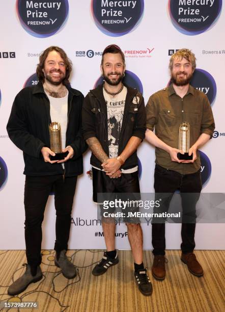 Daragh Lynch, Ian Lynch and Cormac MacDiarmada from Lankum attend the 2023 Mercury Prize Launch photocall at the Langham Hotel on July 27, 2023 in...