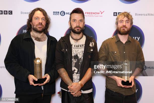 Daragh Lynch, Ian Lynch and Cormac MacDiarmada from Lankum attend the 2023 Mercury Prize Launch photocall at the Langham Hotel on July 27, 2023 in...