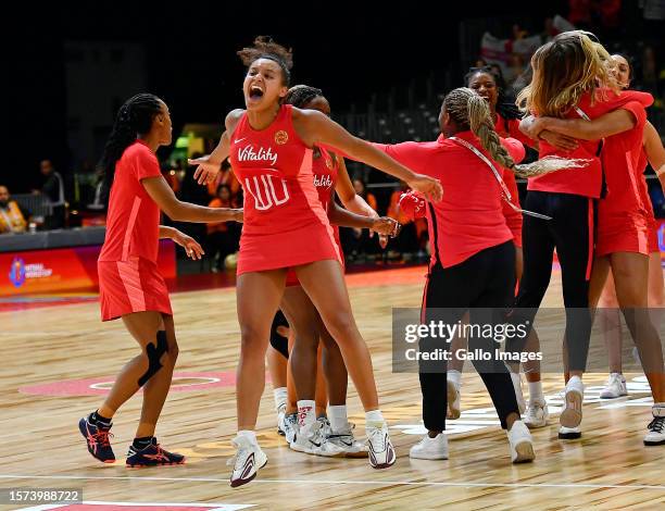 Imogen Allison of England celebrates during the Netball World Cup 2023, Pool F match between Australia and England at Cape Town International...