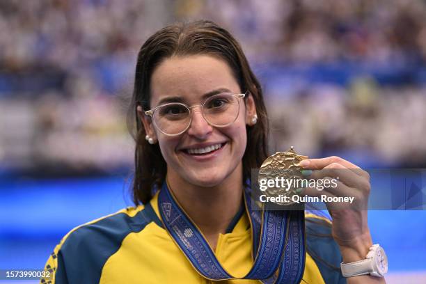 Gold medallist Kaylee McKeown of Team Australia poses during the medal ceremony for the Women's 50m Backstroke Final on day five of the Fukuoka 2023...
