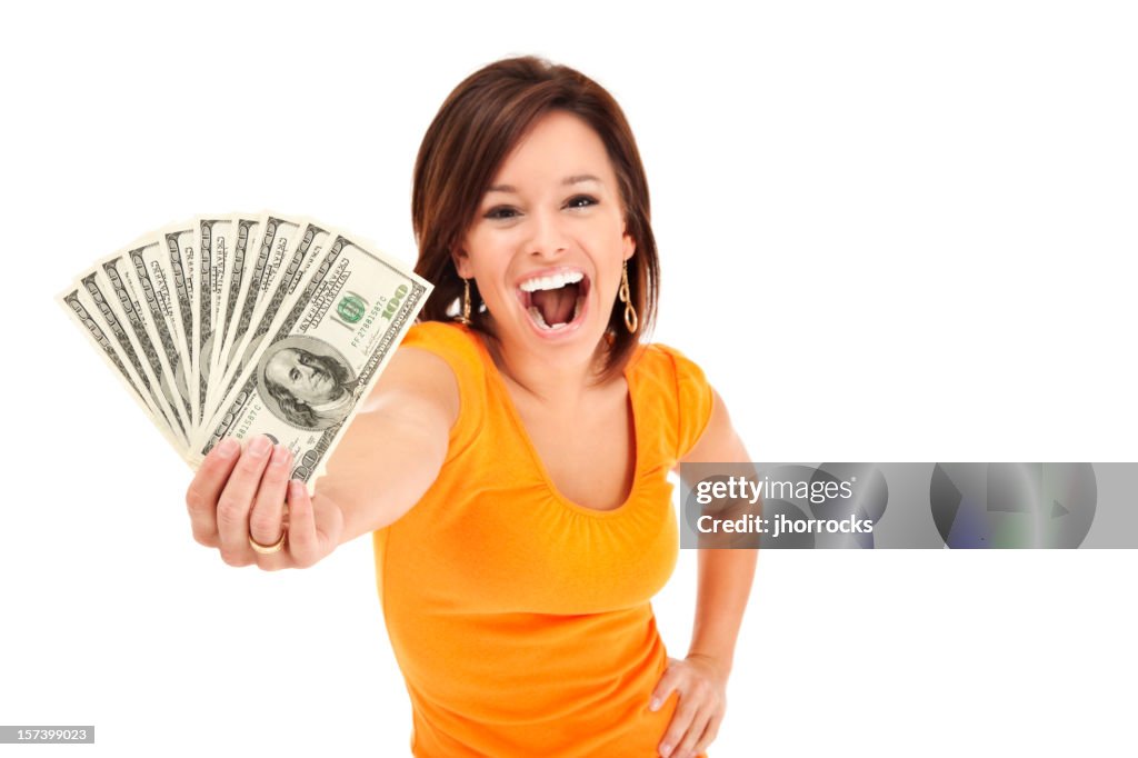 Happy Young Woman Holding Money