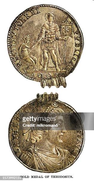 old engraved illustration of  gold medal of theodosius i or theodosius the great (11 january 347 – 17 january 395), roman emperor from 379 to 395 - ancient greek culture stock pictures, royalty-free photos & images