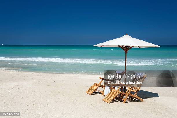 dos sillas y sombrilla en la playa de florida - toldo fotografías e imágenes de stock