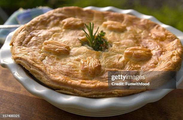 baked beef meat & chicken pot pie, leftovers dinner meal - puff pastry stock pictures, royalty-free photos & images