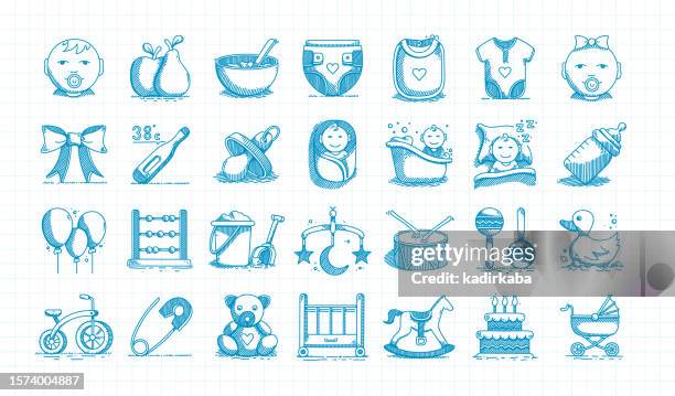 baby hand drawn vector doodle line icon set - baby pram stock illustrations