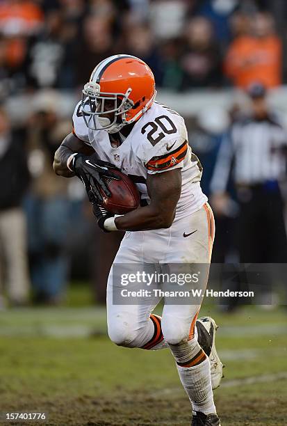 Montario Hardesty of the Cleveland Browns rushes with the ball against the Oakland Raiders in the fourth quarter at Oakland-Alameda County Coliseum...