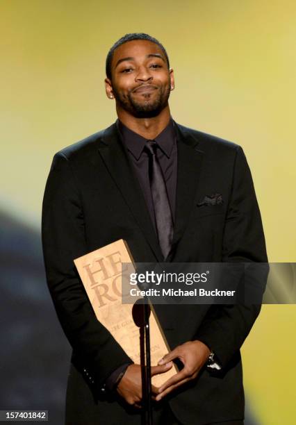 Athlete Cullen Jones speaks onstage during the CNN Heroes: An All Star Tribute at The Shrine Auditorium on December 2, 2012 in Los Angeles,...