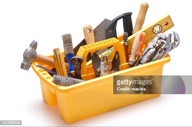 yellow open toolbox with handle filled with tools - toolbox 個照片及圖片檔