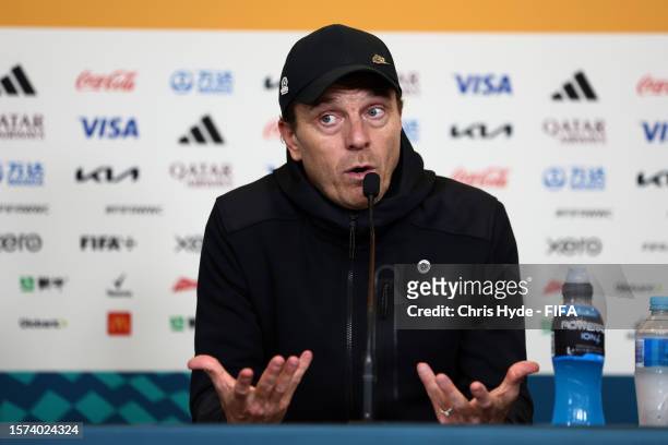 Tony Gustavsson, Head Coach of Australia, speaks to the media in the post match press conference after the FIFA Women's World Cup Australia & New...