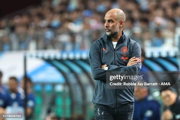 Pep Guardiola the head coach / manager of Manchester City during the preseason friendly match between Atletico Madrid and Manchester City at Seoul...