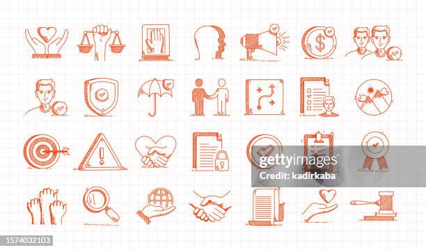 ilustrações de stock, clip art, desenhos animados e ícones de business ethics hand drawn vector doodle line icon set - empresa socialmente responsável
