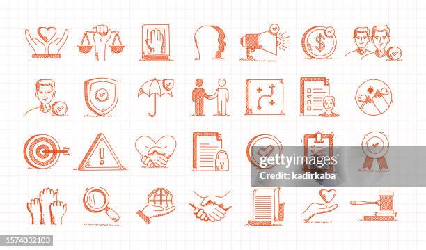 business ethics hand drawn vector doodle line icon set - secret handshake stock illustrations