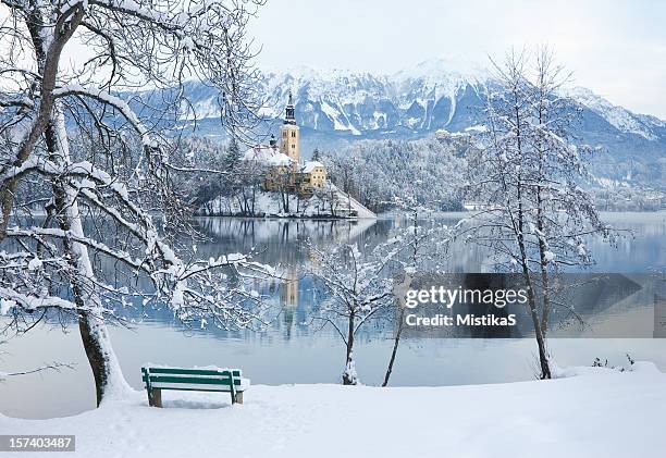 winter by the lake bled - slovenia winter stock pictures, royalty-free photos & images