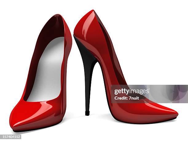 3d red high heels shoes - front and side view - high heel stockfoto's en -beelden