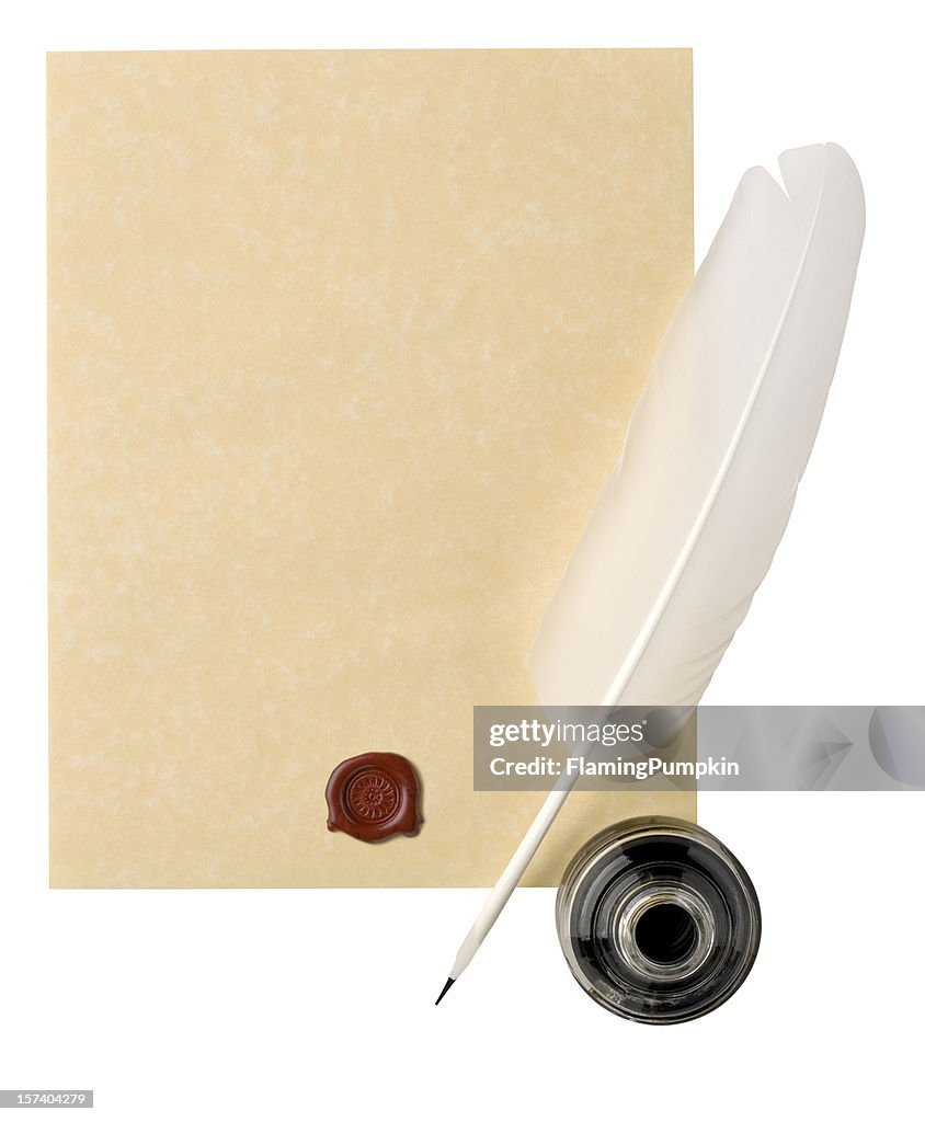 Parchment Paper with White Feather Quill, Wax Seal. Clipping Path