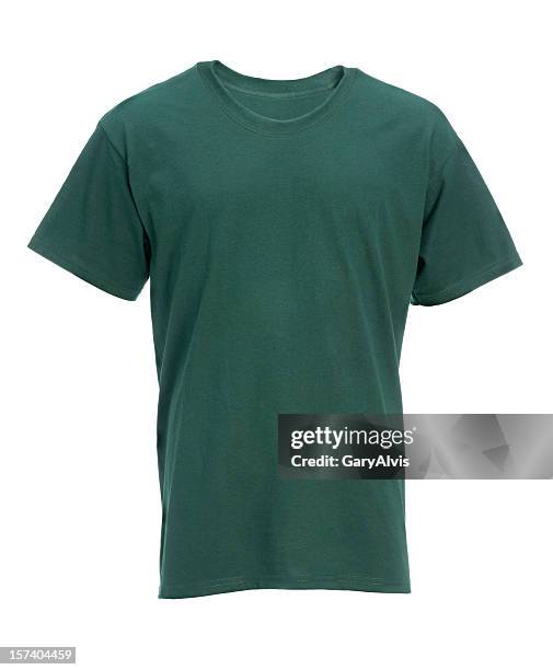 leere grün t-shirt-vorder--isoliert auf weiss mit clipping path - shirt no people stock-fotos und bilder