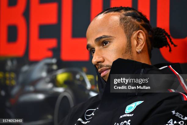 Lewis Hamilton of Great Britain and Mercedes attends the Drivers Press Conference during previews ahead of the F1 Grand Prix of Belgium at Circuit de...