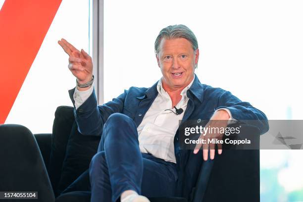 Hans Vestberg speaks on stage during Verizon and NFL Sunday Ticket on Youtube partnership fan event at Pier 17 on July 26, 2023 in New York City.