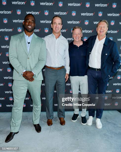 Justin Tuck, Roger Goodell and Hans Vestberg attend during Verizon and NFL Sunday Ticket on Youtube partnership fan event at Pier 17 on July 26, 2023...