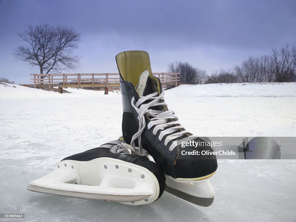 Skates on a frozen pond.