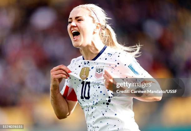 Lindsey Horan of the United States celebrates scoring during the second half against the Netherlands during the FIFA Women's World Cup Australia &...