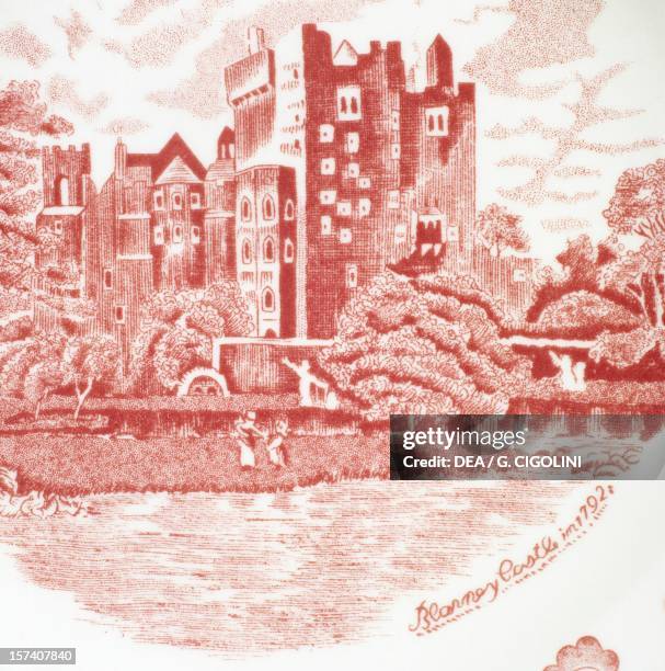 Plate depicting Blarney Castle in 1792, built in 1883, ceramic, Old Britain Castles series, Johnson Brothers manufacture, Staffordshire. Detail....