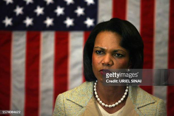 Secretary of State Condoleezza Rice speaks during a press conference with Israeli Foreign Minister Tzipi Livni 01 August 2007 in Jerusalem....