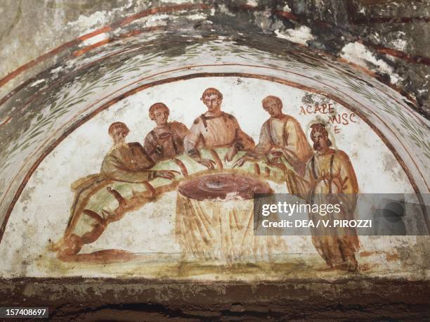 Banquet scene, fresco, Catacombs of Marcellinus and Peter, Rome, Italy, 4th century.