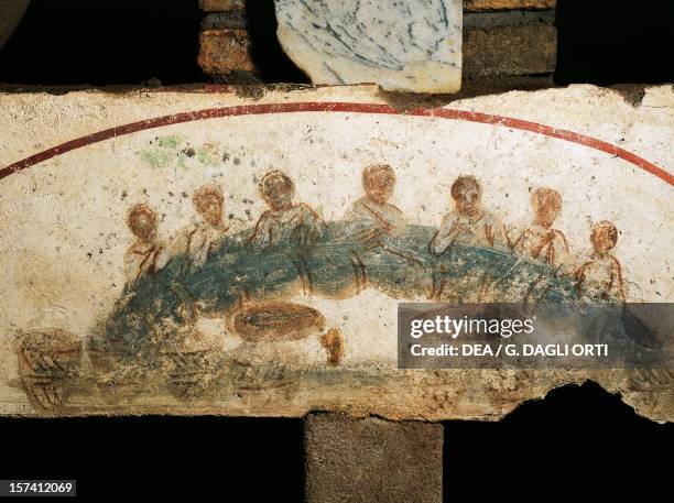 Eucharistic banquet, fresco in one of the six cubicles, Cubicles of Sacraments, Catacombs of St Callixtus, Rome. Italy, 1st-4th century.