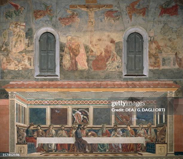 In the lower register: The Last Supper. In the upper register: Resurrection, Crucifixion and Deposition of ChriSt Cycle of fresco, by Andrea del...