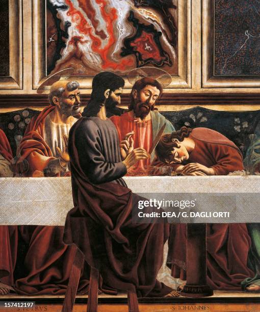 Peter, Jesus, and John sleeping and Judas in the foreground, detail from the Last Supper fresco, by Andrea del Castagno in the refectory, Convent of...