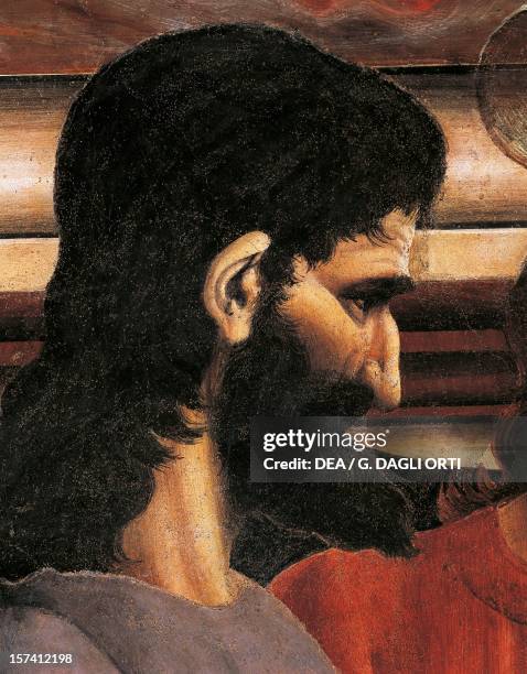 Judas' face, detail from the Last Supper fresco, by Andrea del Castagno in the refectory, Convent of Sant'Apollonia, Florence. Italy, 15th century....