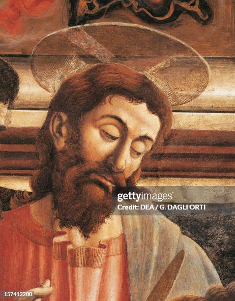Jesus' face, detail from the Last Supper fresco, by Andrea del Castagno in the refectory, Convent of Sant'Apollonia, Florence. Italy, 15th century....