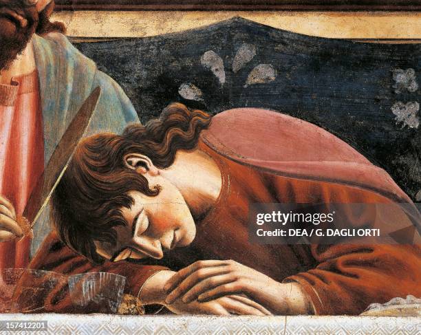 John sleeping, detail from the Last Supper fresco, by Andrea del Castagno in the refectory, Convent of Sant'Apollonia, Florence. Italy, 15th century....