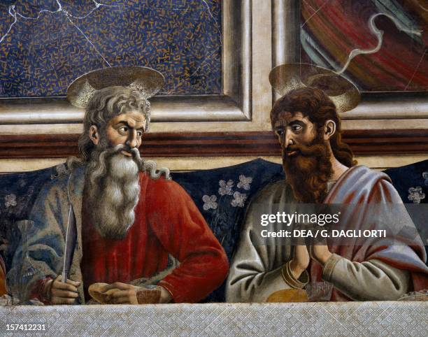 Bartholomew and Andrew, detail from the Last Supper, fresco by Andrea del Castagno , 1450. Museum of the Convent of Santa Apollonia , Florence....