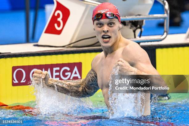Matthew Richards of Great Britain celebrates after winning the gold medal in the 200m Freestyle Men Final during the 20th World Aquatics...