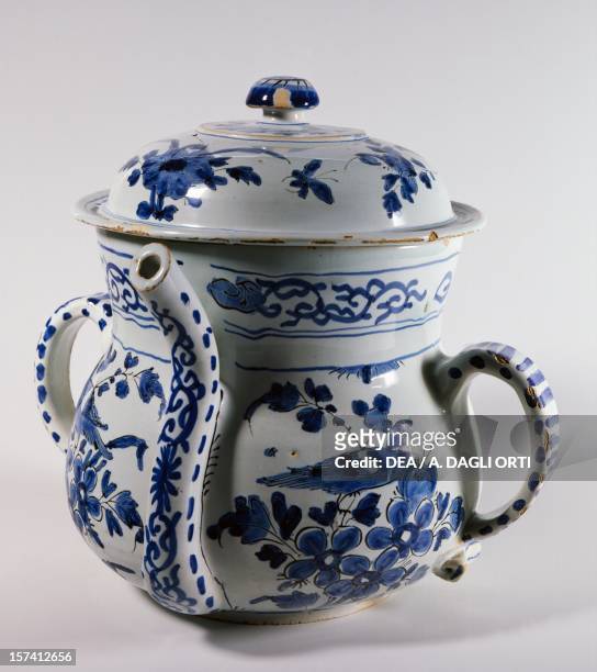 Delftware posset pot with lid, ca 1730, ceramic, Bristol manufacture. England, 18th century.