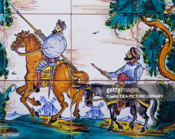 Don Quixote and Sancho Panza, ceramic panel, Andres de las Heras manufacture, El Puente del Arzobispo, Castile-La Mancha. Detail. Spain, 20th century.