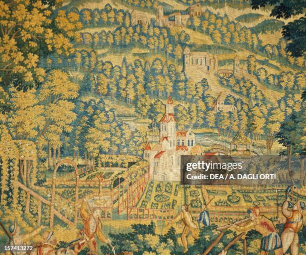 Castle in the woods, detail from The wolf hunt, late 16th century Flemish tapestry from cartoons by Cornelius Mattens, Brussels manufacture. Belgium,...
