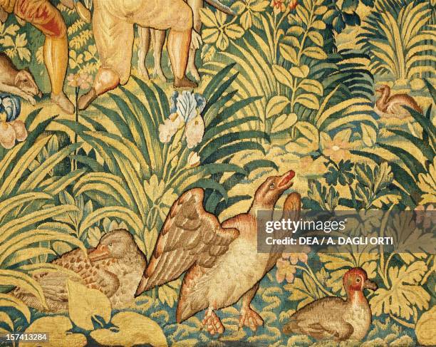 Ducks in the pond, detail from The duck and heron hunt, late 16th century, Flemish tapestry from cartoons by Cornelius Mattens, Brussels manufacture....