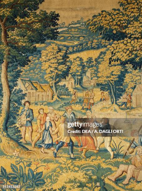 Folk dances, detail from A village festival, late 16th century, Flemish tapestry from cartoons by Cornelius Mattens, Brussels manufacture. Belgium,...