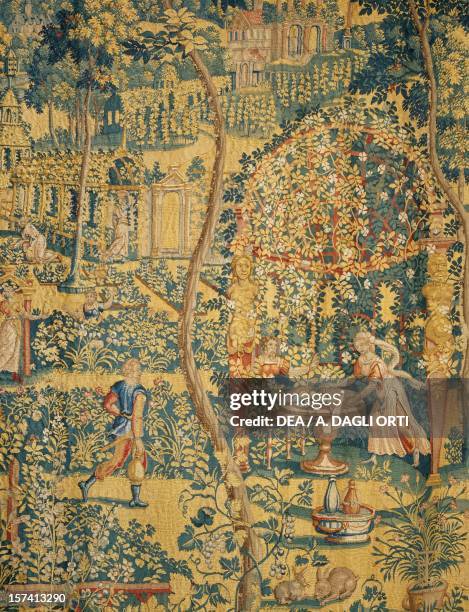 The left side of the garden, detail from A garden with Ovid figures, Minerva and the nine Muses, late 16th century, Flemish tapestry from cartoons by...