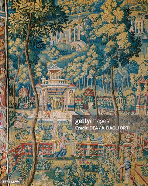 The left side of the garden, detail from A garden with Ovid figures, Minerva and the nine Muses, late 16th century, Flemish tapestry from cartoons by...