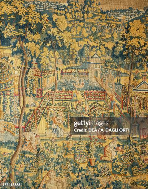 The Garden, detail of a garden with Ovid figures, Cephalus and Procris, the late 16th century Flemish tapestry cartoon by Cornelius Mattens,...