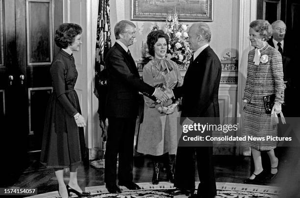 On the first full day of the Carter-Mondale administration, US President Jimmy Carter and French Ambassador Jacques Kosciusco-Morizet in the White...